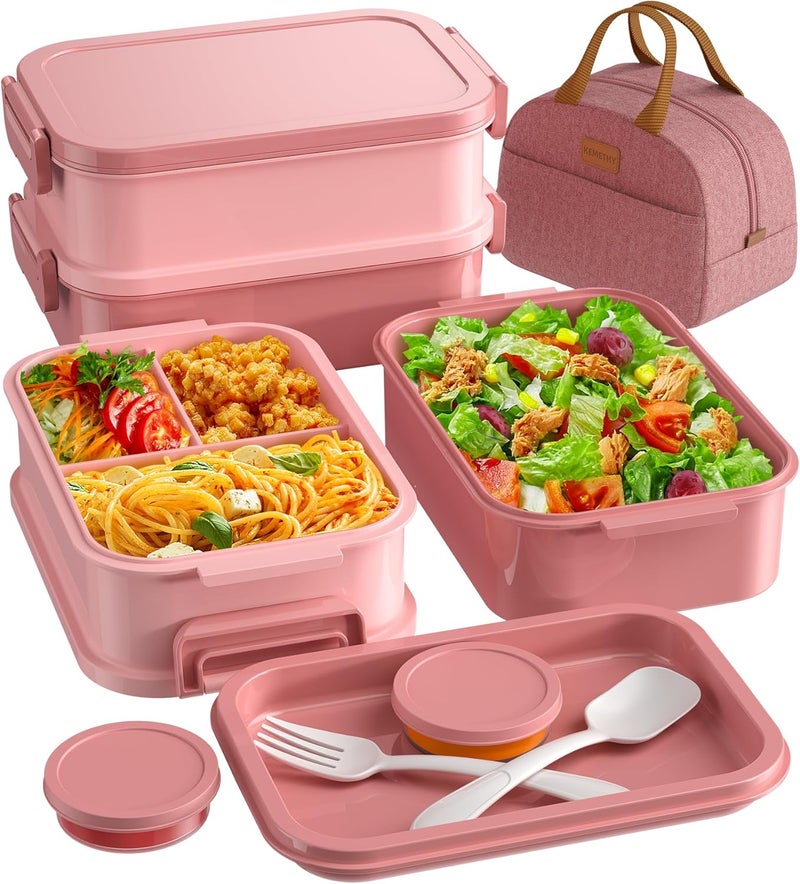 KEMETHY Adults Bento Lunch Box Set with Thermo Bag, 74oz Stackable Leak-proof 3-tiers Bento Box, Built-in Utensil and Sauce Container for Work, School, Dining Out (Pink) - Image 1